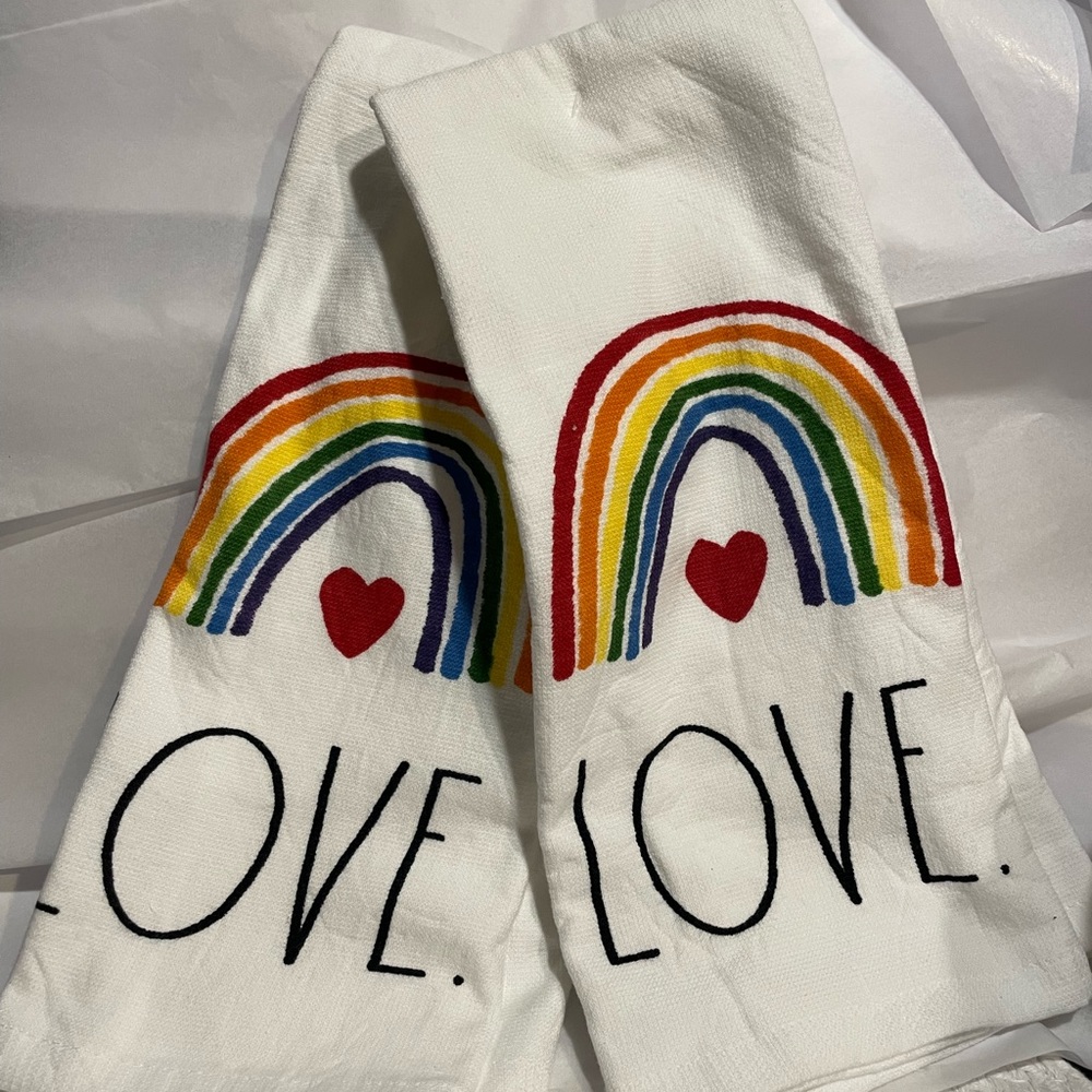 Rae Dunn LOVE kitchen towels with rainbow and heart.